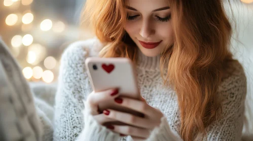 Woman Using Smartphone with Heart Decoration