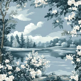 Peaceful Lake with Blooming Flowers and Trees