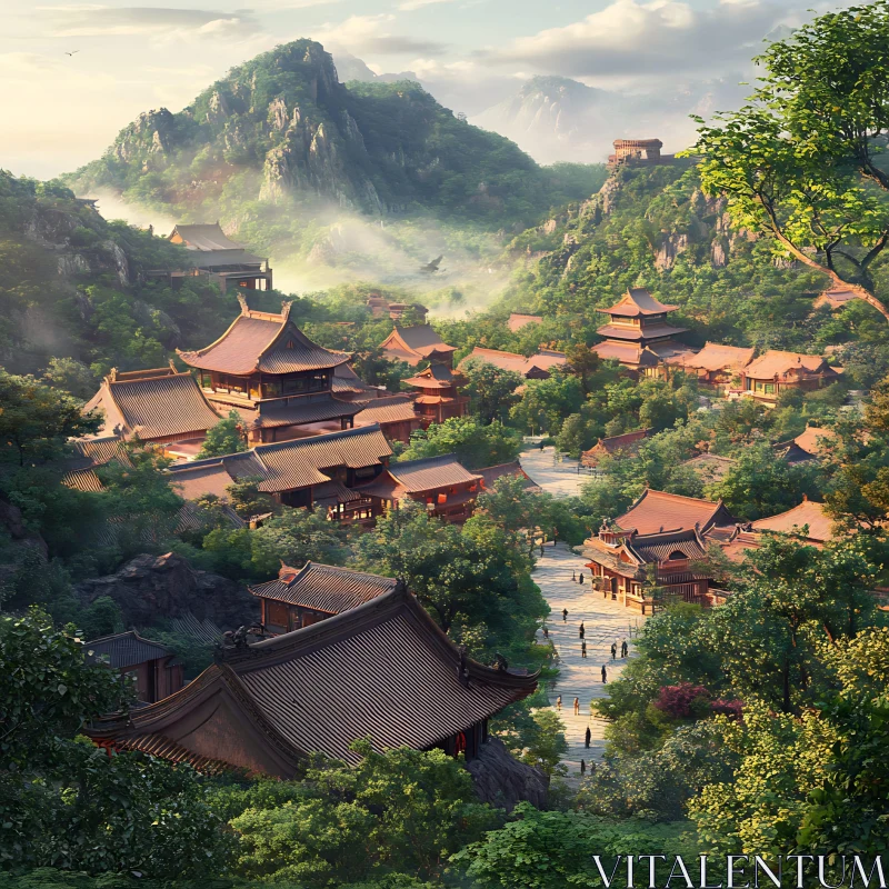 Tranquil Asian Buildings in Green Mountains AI Image