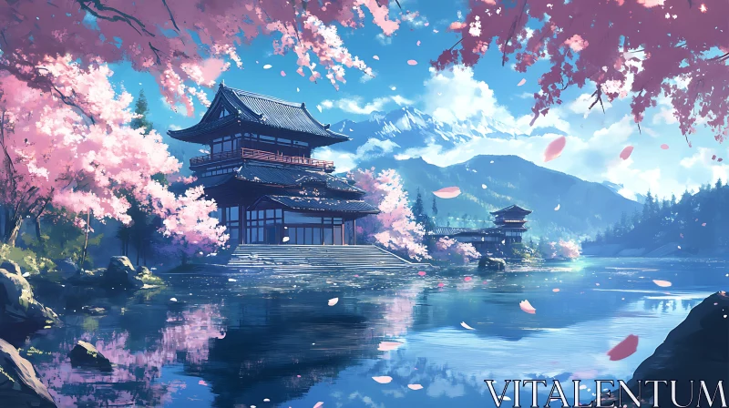 Tranquil Japanese Landscape with Pink Blossoms AI Image