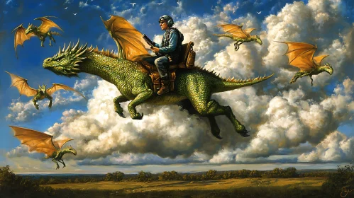 Man Riding Dragon in the Sky