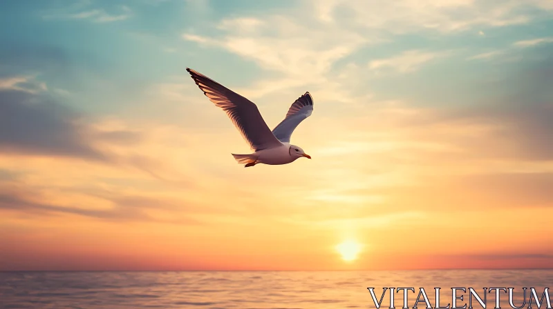 Bird Flying Over Sea at Sunset AI Image