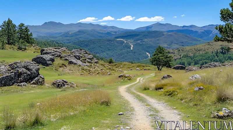 Winding Path through Rocky Hills and Greenery AI Image