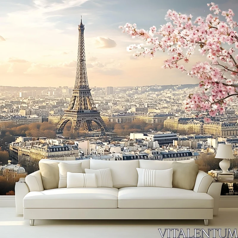 AI ART Chic Parisian Living Room Decor with Eiffel Tower Wallpaper