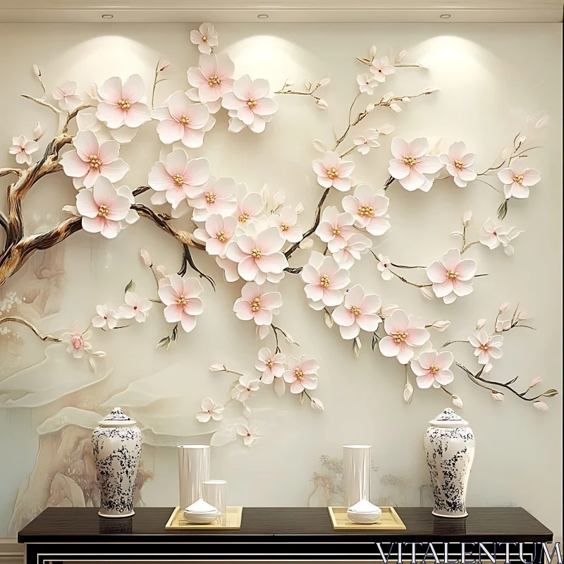 Pink Blossom Wall Art with Vases AI Image