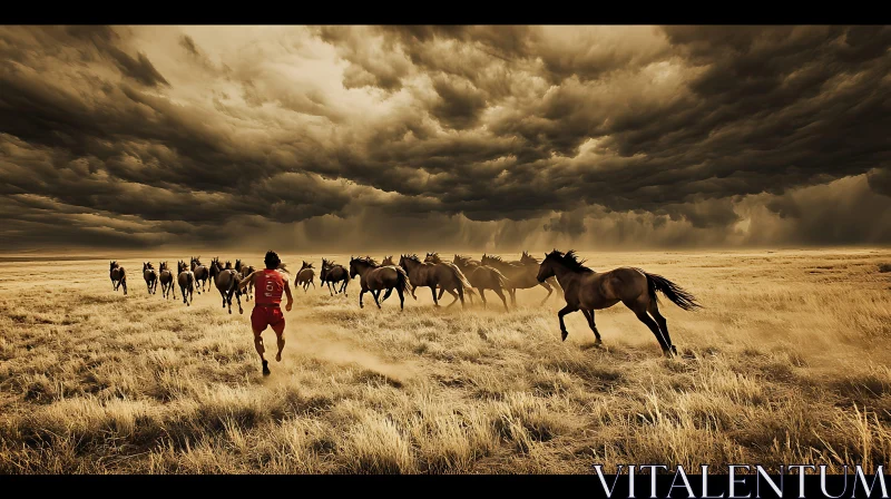 Equestrian Chase Under Stormy Skies AI Image