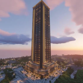 Illuminated Modern Skyscraper in Minecraft World