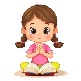 Girl Meditating with Book Cartoon