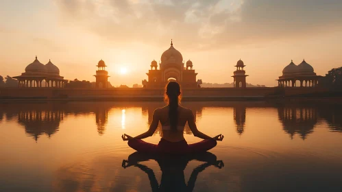 Woman Meditating During Sunset at Temple