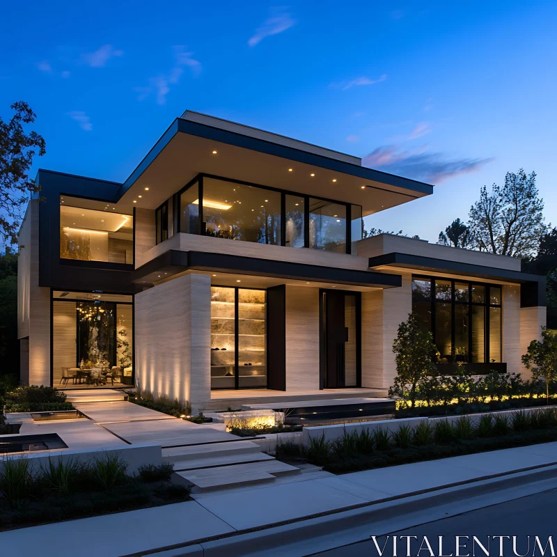 Modern Architectural House at Dusk AI Image