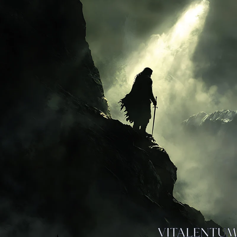 Silhouette of Warrior on Mountain Top AI Image