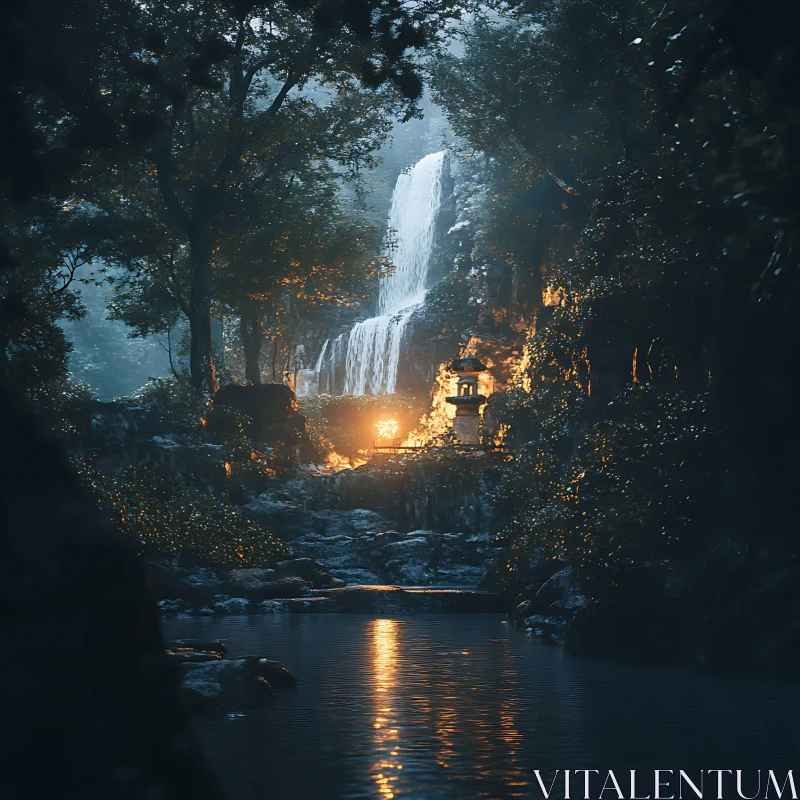 Peaceful Waterfall and Lantern Landscape AI Image