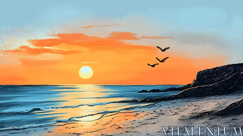 Seaside Sunset with Birds in Flight AI Image