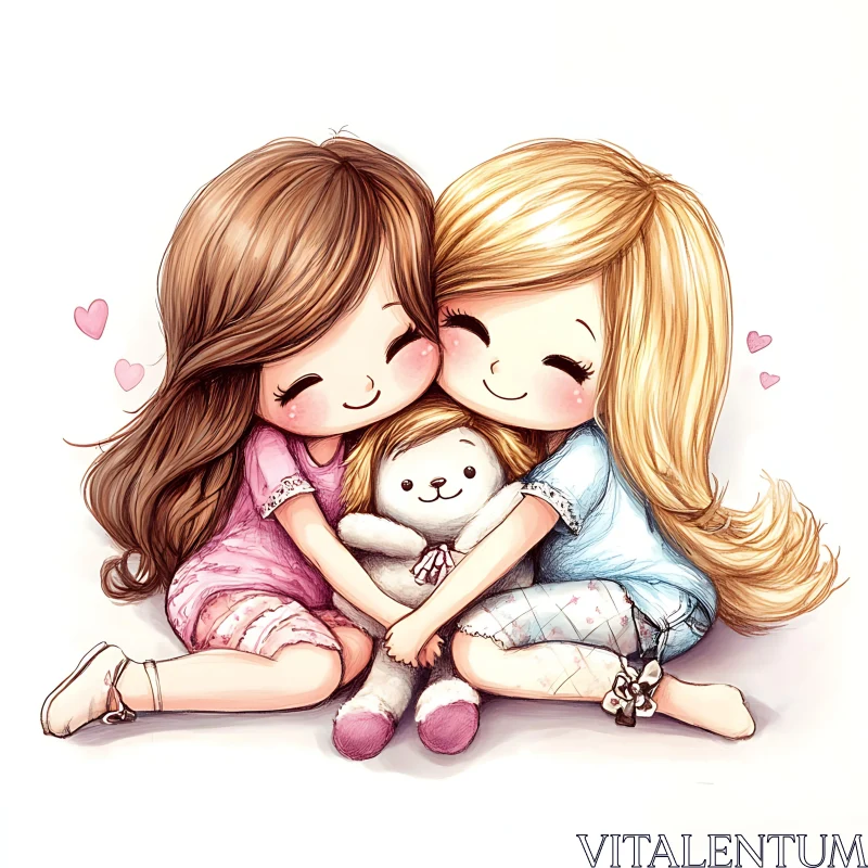 Cartoon Girls and Teddy Bear Illustration AI Image