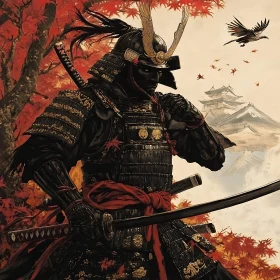 Armored Samurai with Red Maple Leaves