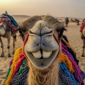 Close-up of a Camel with Colorful Blanket