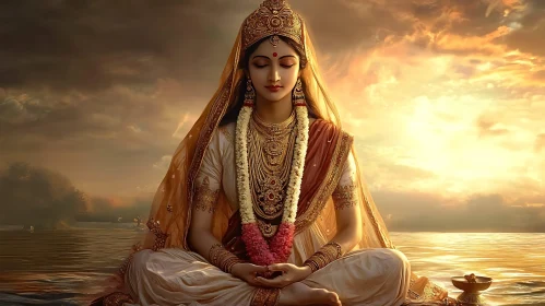 Serene Woman Meditating at Sunset