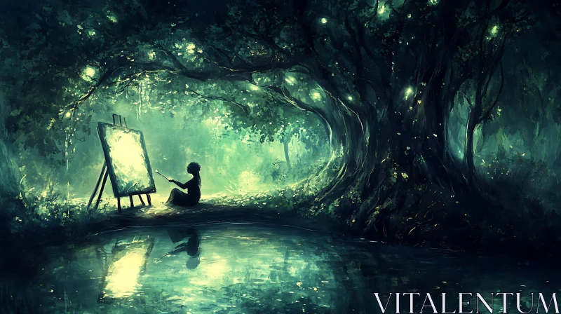 Painter in the Woods by Still Water AI Image