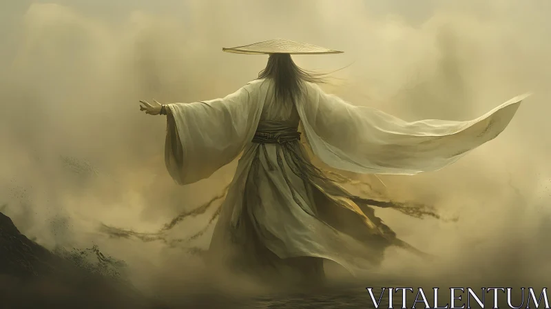 Enigmatic Figure in Misty Landscape AI Image