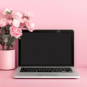 Aesthetic Laptop Setup with Pink Floral Decor