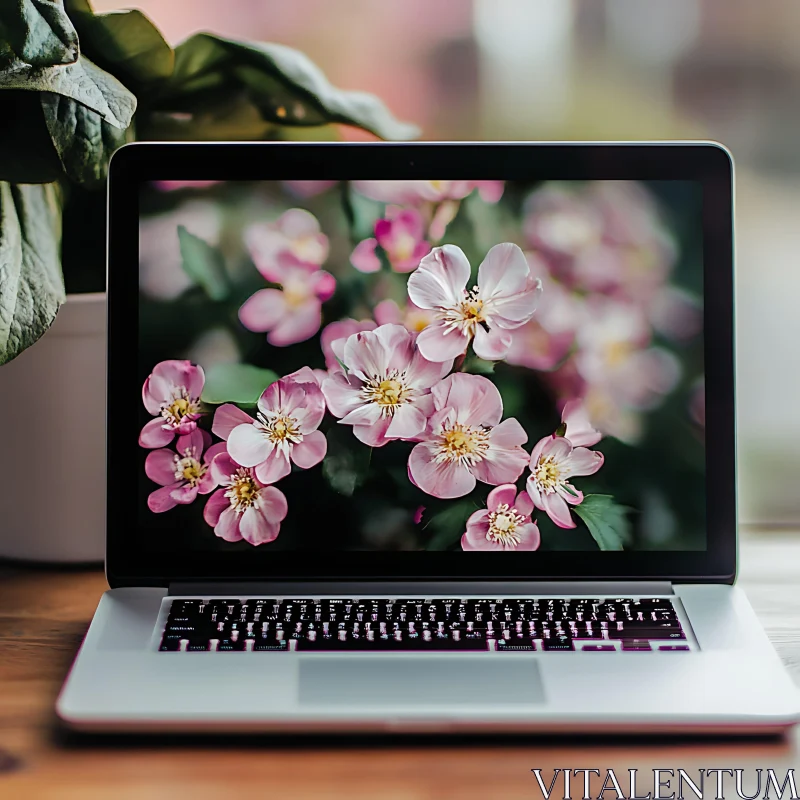 Laptop Displaying Pink Blossoms with Green Leaves AI Image