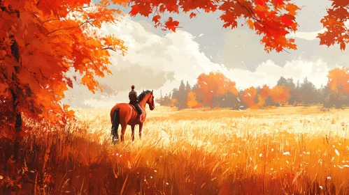 Horse and Rider Amidst Autumn Leaves