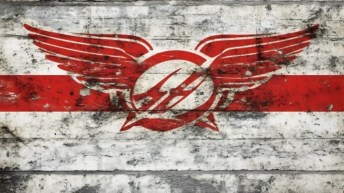 Red Winged Emblem on Weathered Wood