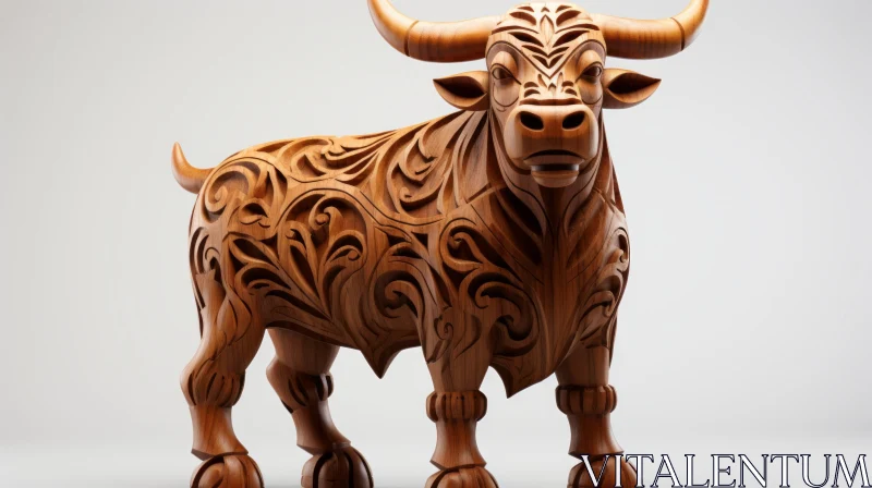 3D Rendered Intricately Carved Wooden Bull Sculpture AI Image