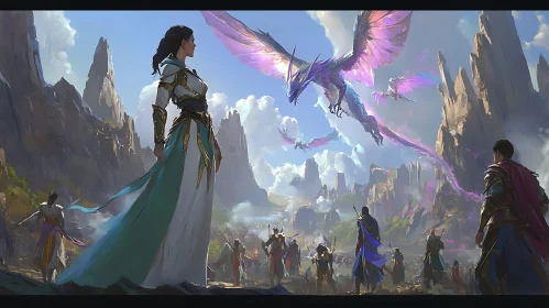 Fantasy Landscape with Dragons and Warriors