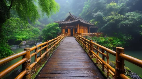 Wooden Bridge in Misty Green Forest