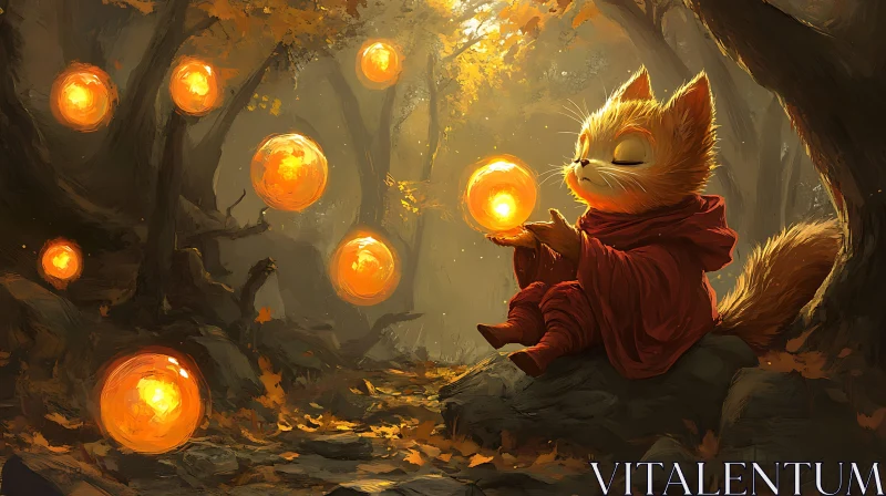 AI ART Mystical Cat Monk in the Woods