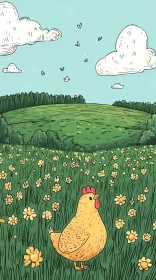 Cartoon Chicken in Blooming Field