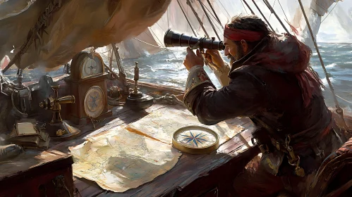 Nautical Scene of Pirate with Telescope