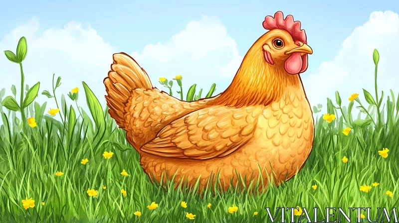 Illustrated Hen in Green Pasture AI Image