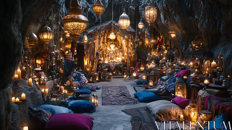 Illuminated Cave Interior with Cozy Decor AI Image