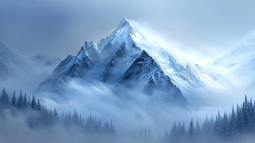 Ethereal Mountain Landscape with Pine Forest