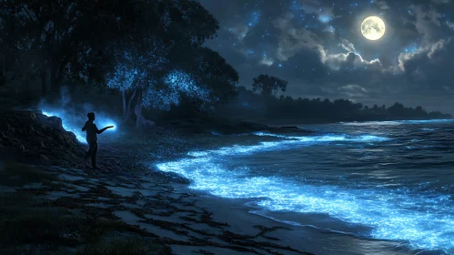 Bioluminescent Beach Under the Moon