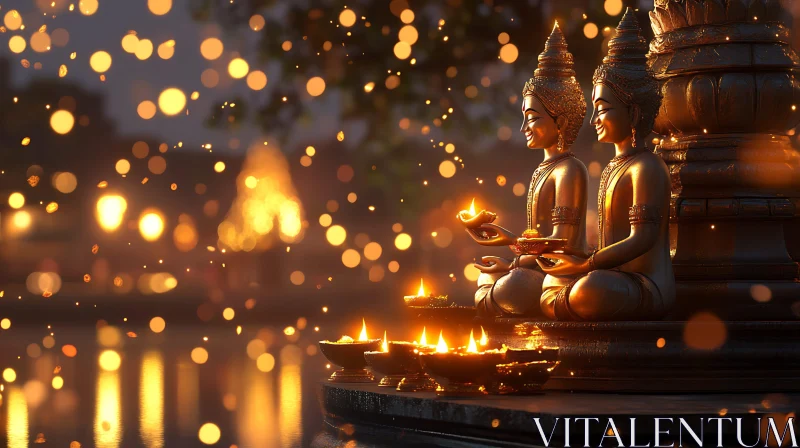 Golden Buddha Statues in Tranquil Setting AI Image