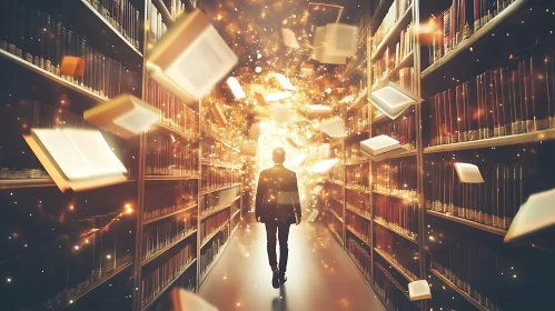 Figure in Library Surrounded by Floating Books