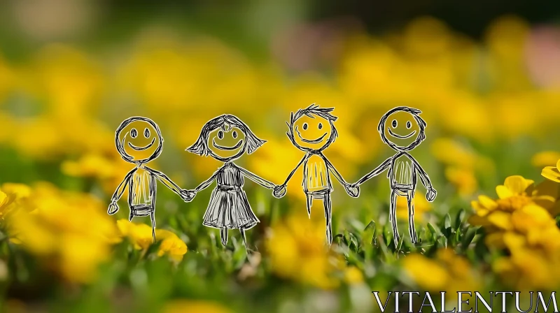 Stick Figures Holding Hands in Flowers AI Image