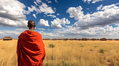 Man in Red Gown in African Field