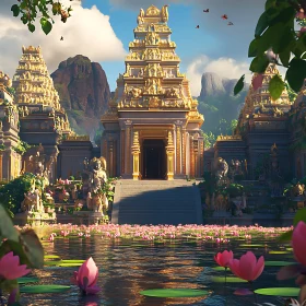 Serene Temple and Lotus Pond Reflection