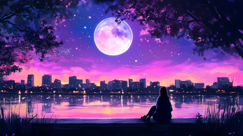 Lakeside Silhouette: Moonlit Urban Serenity