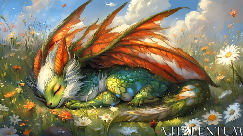 AI ART Restful Dragon Amongst Daisies Illustration