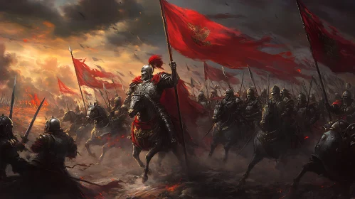 Armored Knights Advancing Under Red Banners