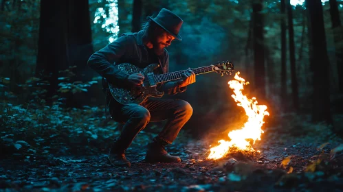 Guitarist by Campfire in Forest