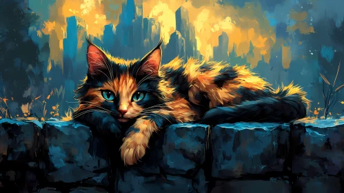 Calico Cat on Urban Stone Wall