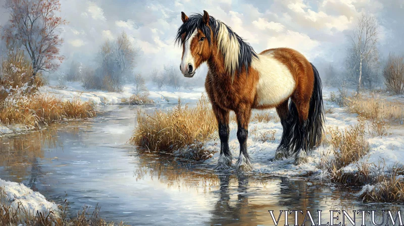 Winter Horse by the Stream AI Image