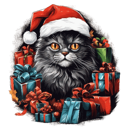 Cozy Holiday Scene with a Gray Cat in Santa Hat