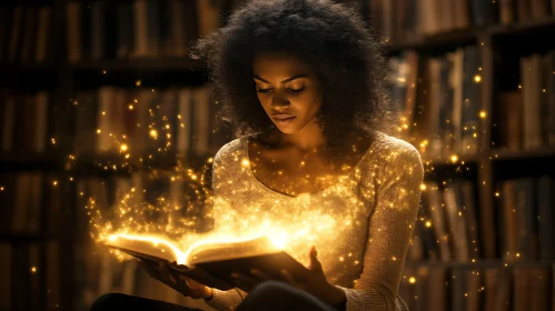 Woman Reading a Glowing Book
